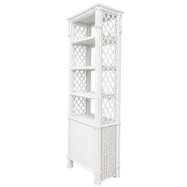 Pair of Petite White Lacquer Faux Bamboo & Wicker Étagère Cabinets For Sale In West Palm - Image 6 of 9