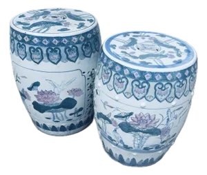 MidCentury Chinese Export Chinoiserie Porcelain Garden Stools With Lotus and Bird Motifs - A Pair