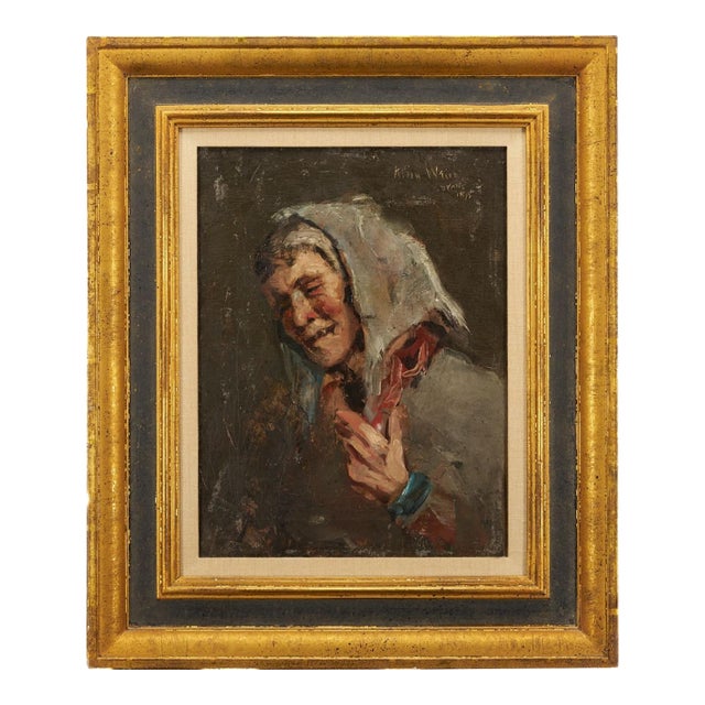 Early 20th Century J. Alden Weir O/C Painting, Peasant Woman Laughing For Sale