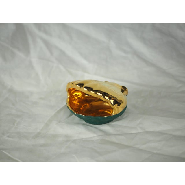 French Mid-Century French Limoges Porcelain Tray Gilted Scallop Shell Shaped With a Duck Green Background For Sale - Image 3 of 11