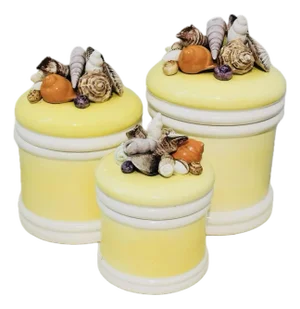 1970s Vintage Coastal Ceramic Canisters Top With Shells- Set of 3