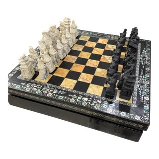 Antique Chinese Hand Carved Stone Chess Set in Mother of Pearl Wooden Box For Sale