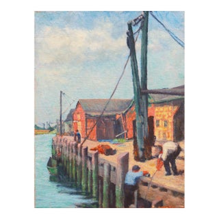 'The Old Wharf', American School Marine Figural, Circa 1925, Nautical Oil, Industrial Harbor For Sale