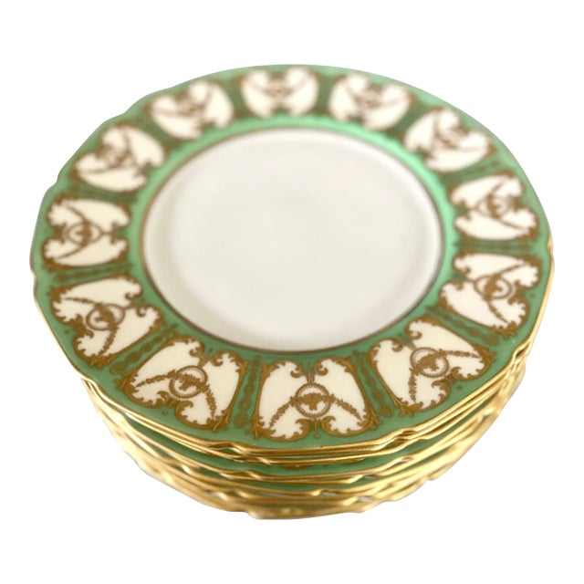 1920s Royal Doulton Sevres Green & Gold Gilt Dinner Plates - Set of 12 For Sale