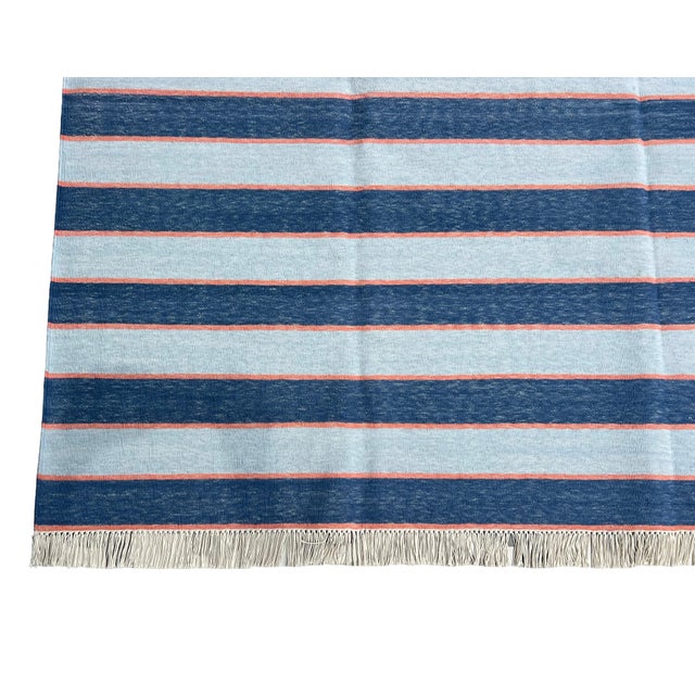 Handmade Cotton Area Rug, Vegetable Dyed, Blue and Orange Striped Dhurrie -6'x9' For Sale - Image 11 of 13