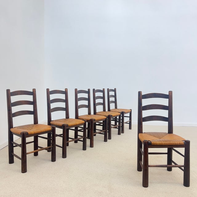 Vintage Georges Robert Straw-Seated Chairs, 1950s, Set of 6 For Sale - Image 4 of 8