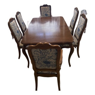 1970s French Provincial Style Oak Dining Table Set With Six Upholstered Chairs For Sale