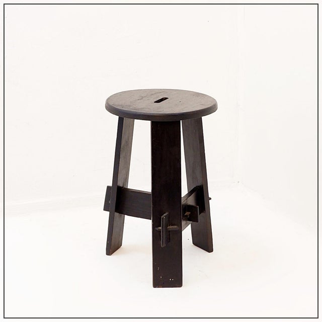 Vintage Black-Stained Wooden Tripod Stool with Tenon Joints For Sale - Image 12 of 13