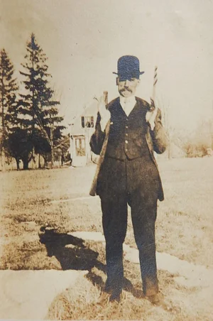 Vintage Snapshot Photograph This Big Gentlman Bowler Hat Mustache