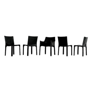 Vintage Cab Dining Chairs in Black Leather by Mario Bellini for Cassina, 1977, Set of 5 For Sale
