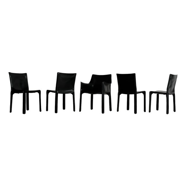 Vintage Cab Dining Chairs in Black Leather by Mario Bellini for Cassina, 1977, Set of 5 For Sale