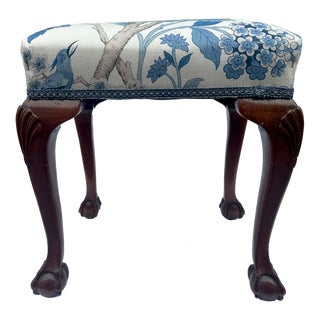 Antique English Edwardian Upholstered Hand Carved Mahogany Stool, 19th Century For Sale