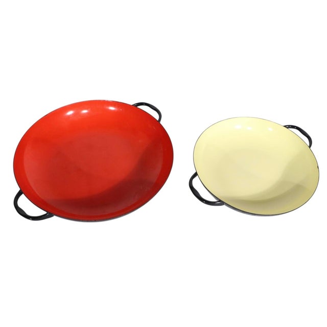 Two vintage Caravelle "Sizzling Servers" enameled cookware pans Made in France circa 1960's. Larger Orange Pan 10" Dia. x...