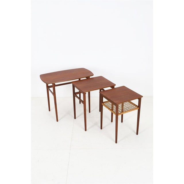 Brown Mid-Century Danish Teak Nesting Tables with Rattan Shelves, 1960s, Set of 3 For Sale - Image 8 of 18