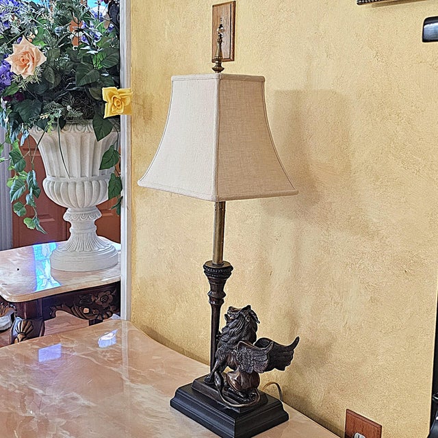 Metal Vintage Neoclassical Bronze Winged Lion Griffin Table Lamp With Linen Shade For Sale - Image 7 of 18