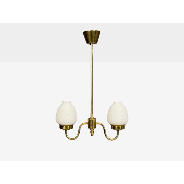 1950s Swedish Modern, Pendant Light, Etched Opal Glass, Brass For Sale - Image 4 of 11