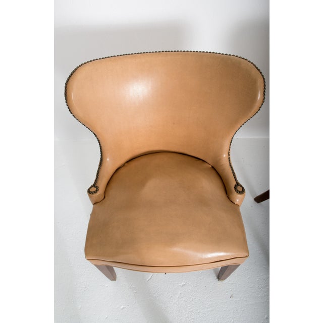 Wood Pair of Grosfeld House Beige Faux Leather Club Chairs For Sale - Image 7 of 12