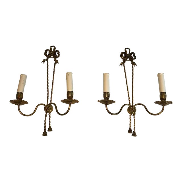 1950s French Louis XVI Style Bronze Wall Lights with Ribbons - A Pair, Unwired For Sale