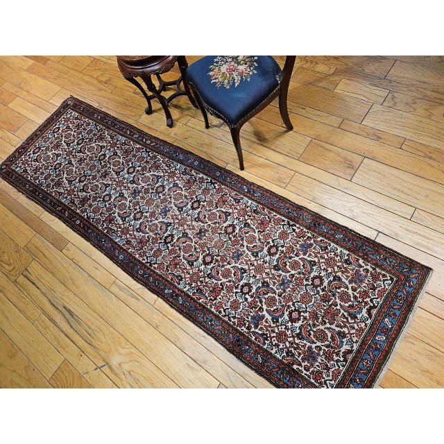 Vintage Malayer Runner Rug, Hand-Knotted Wool, Geometric Pattern, 3x9, Ivory & Blue For Sale - Image 13 of 13
