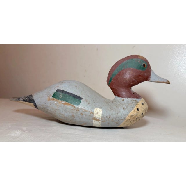 Folk Art Antique Hand Carved Wood Folk Art Green-Winged Teal Duck Decoy Sculpture Statue For Sale - Image 3 of 10