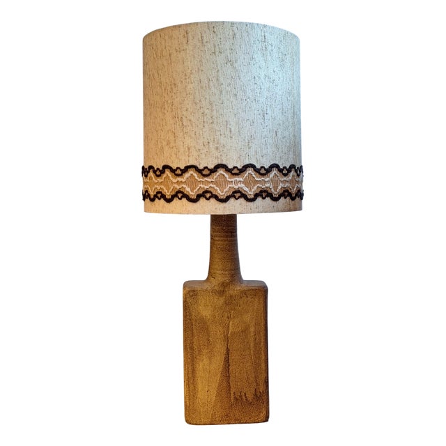 Large Vintage Table Lamp with Beige-Brown Ceramic Base and Original Fabric Shade, 1970s For Sale