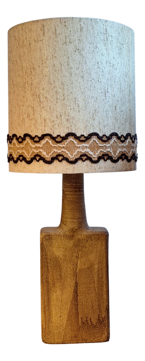 Large Vintage Table Lamp with Beige-Brown Ceramic Base and Original Fabric Shade, 1970s