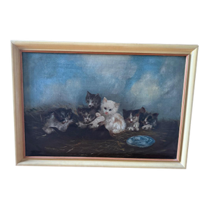 Antique Oil Painting on Canvas Litter of Kittens Cats