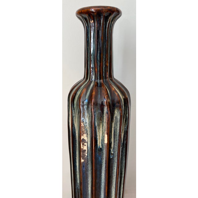 Brown Monumental Mid-Century Modern Ribbed Ceramic Floor Vase With Drip Glaze For Sale - Image 8 of 11