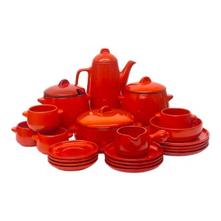 Red Ceramic Mid-Century Dinner Set by Gerz West Germany - Place Settings for 4 / 22 Pieces For Sale