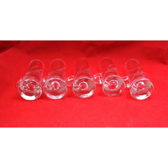 Mid Century Hand Blown Crystal Etched Vodka Cordial Glasses With Applied Handles- Set of 5 For Sale - Image 12 of 12