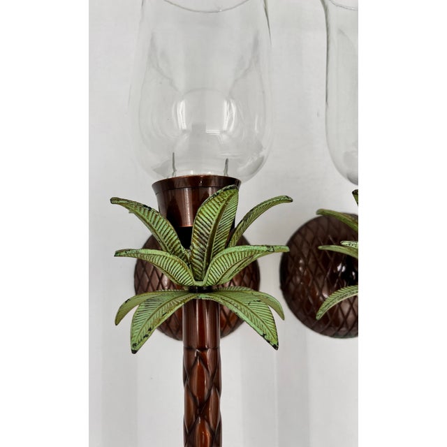 Vintage 1990s Metal Palm Tree Candle Wall Sconces With Glass Hurricane Shades - A Pair For Sale - Image 4 of 12