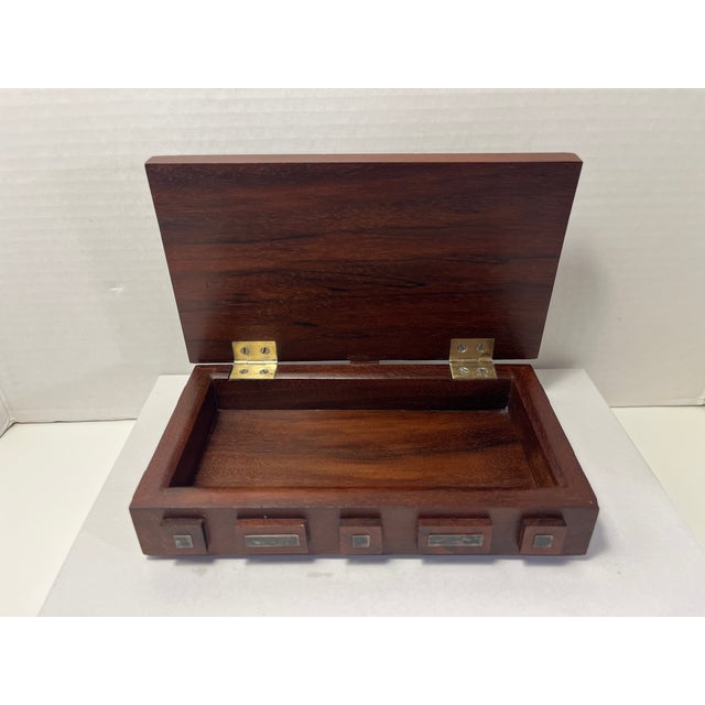 1960s Mid-Century Modern Rosewood Wood Jewelry Trinket Box Sterling Silver Inlay With Hinged Lid For Sale - Image 4 of 8