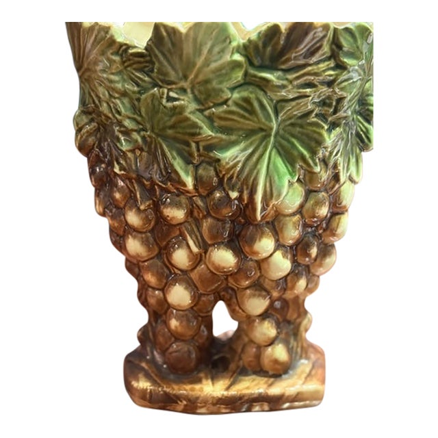 Mid-Century McCoy Green & Brown Grapes and Leaves Vase For Sale
