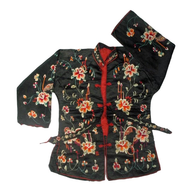 Antique Authentic Chinese Silk Jacket Robe With Colorful Embroidery For Sale