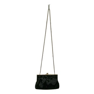 1980s Vintage Art Deco Hollywood Regency Hand Beaded Black Evening Handbag Clutch For Sale