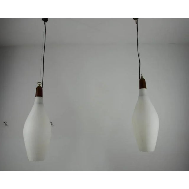 Mid-Century Modern Italian Pendant Lamps in Teak and Opal Glass, 1960s, Set of 2 For Sale - Image 3 of 14