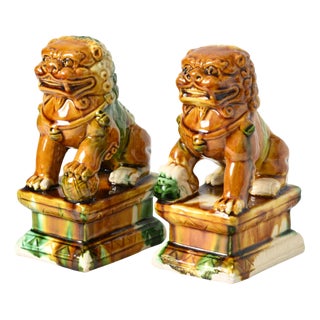 Chinese Sancai Glaze Foo Dog Figurines, 1970s, Set of 2 For Sale