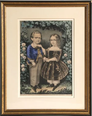 Currier and Ives, "Boy and Girl", Vintage Framed Lithograph