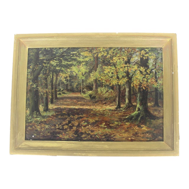 Antique Signed Oil Painting Impressionist Fall Landscape With Trees and Laneway For Sale