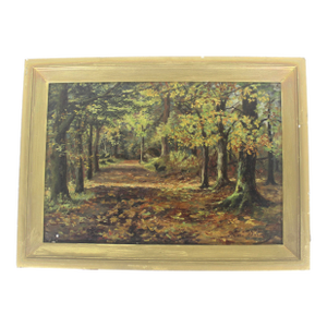 Antique Signed Oil Painting Impressionist Fall Landscape With Trees and Laneway