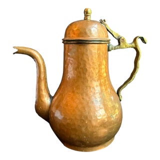 Vintage Hammered Copper Coffee or Tea Pot With Brass Handle For Sale
