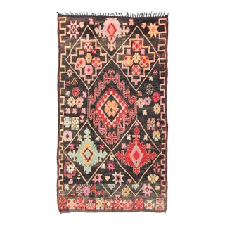 Geometric Tribal Vintage Moroccan Rug in Black, Red, Green and Pink For Sale