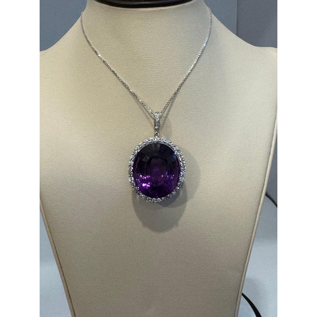Contemporary 80 Carat Amethyst & 3.5 ct Diamond Pendant Necklace 14 Karat White Gold + Chain For Sale - Image 3 of 18