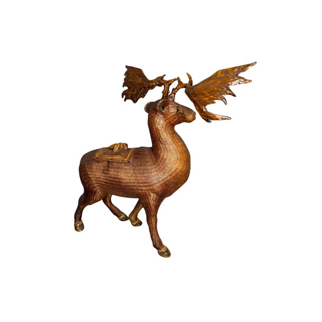 Wood Vintage Shanghai Handicrafts Woven Rattan Moose Sculpture With Hidden Storage, Mid-Century Chinese Export Art For Sale - Image 7 of 12