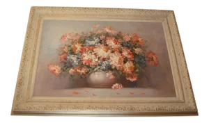 Vintage Floral Still Life Oil Painting in Carved White Frame