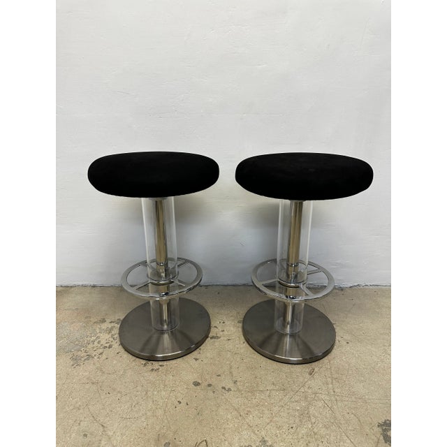Pair of Design For Leisure bar stools with black ultra suede swivel seats supported by a steel frame base with clear...