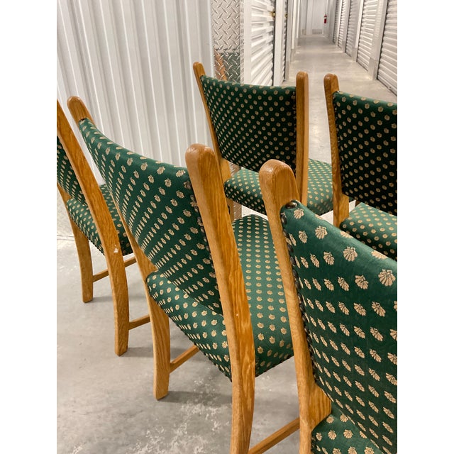 Set of 8 Danish Modern Oak Dining Chairs in Patterned Silk - Circa 1960s For Sale - Image 16 of 18
