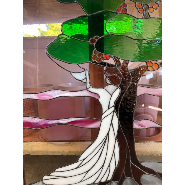 Vintage Stained Glass Art Panel Depicting Woman in Flowing White Dress Beneath Tree With Fruit, Framed in Wooden Oak Toned Frame For Sale - Image 9 of 10