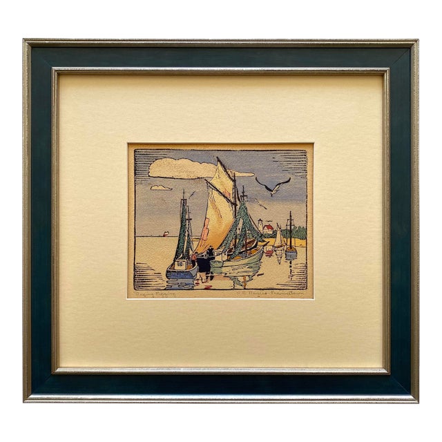 Robert Bruce Rogers Vintage 1932 " Drying Rigging, Provincetown " Waterfront Seascape Framed Original Signed Fine Art Woodblock Print For Sale