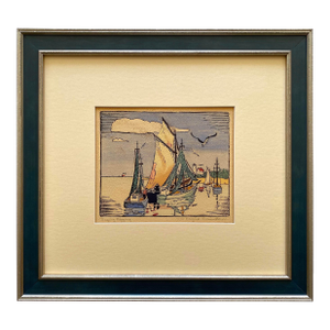 Robert Bruce Rogers Vintage 1932 " Drying Rigging, Provincetown " Waterfront Seascape Framed Original Signed Fine Art Woodblock Print